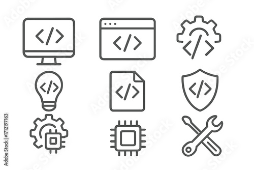 Programming line icon set for software developers and computer engineers. Vector illustration with code symbols for web development, UI, UX, security, API, and technology.