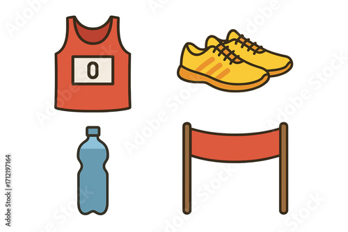 Running race gear and equipment icon set. Vector cartoon illustration of marathon essentials. Includes running shirt with bib number, sneakers, water bottle, and finish line.