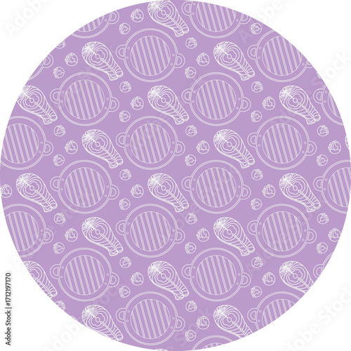 Outline Salmon Steak Grill Pan and Brussels sprouts Pattern on Round Backdrop Chalk on Lavender Fond