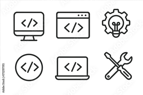 Programming line icons set. Code symbols for software development, web designer, and engineer. Minimalist vector outline graphic for website UI, UX, and app. Tools.