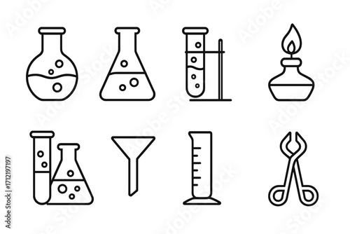Minimalist science icons for chemistry lab. Set of laboratory equipment and tools in linear outline design. Vector illustration of flask, beaker, test tube, burner for research.