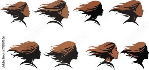 Silhouettes of women with flowing hair woman profile