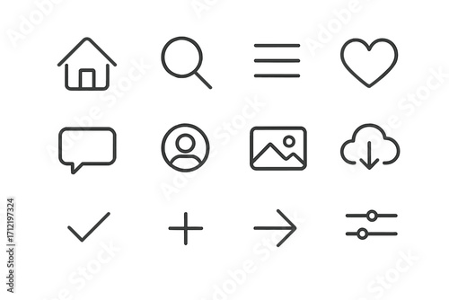 Web line icon set. User interface navigation symbols. Minimalist outline icons for website and mobile app design. Home, search, profile, menu, like, comment and download.
