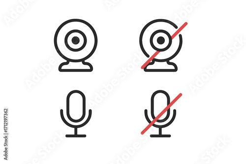 Web conference icons set with webcam and microphone symbols. Vector line art for video call interface. Camera and mic on and off, mute and unmute buttons for online meeting.