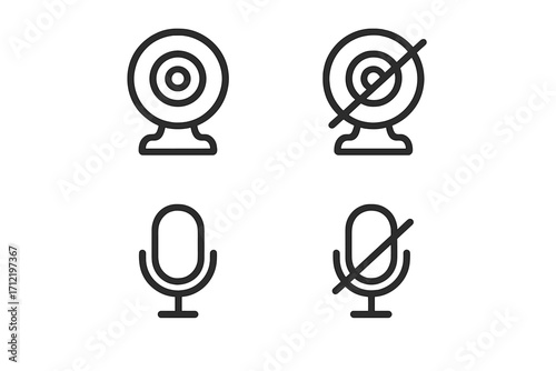 Web conference icon set with camera and microphone symbols. On and off state for video call and audio mute. Vector line art for UI design, app button, and online meeting.