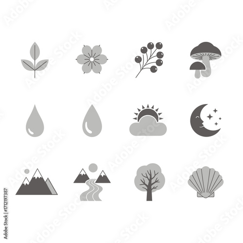 Nature Icons Collection - Leaf, Flower, Berries, Mushroom, Water, Sun, Moon, Mountains, River, Tree, Shell.