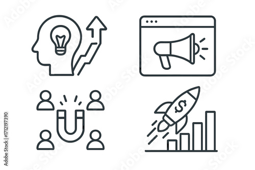 Growth hacking linear icons set. Digital marketing, customer acquisition, startup launch, financial success concepts. Business strategy and innovation thin line vector symbols.