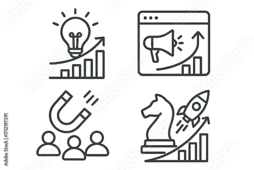 Growth hacking linear icon set. Business strategy, marketing, startup launch and success concept. Innovation idea, customer acquisition magnet, digital promotion vector icons.
