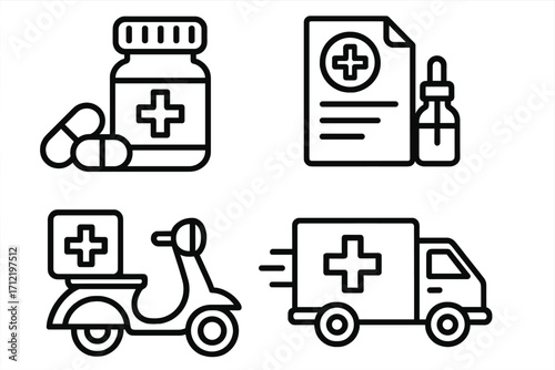 Pharmacy delivery vector icon set. Medical line art collection with prescription, medicine bottle, pills, logistics scooter, and express van for healthcare and drug store service.