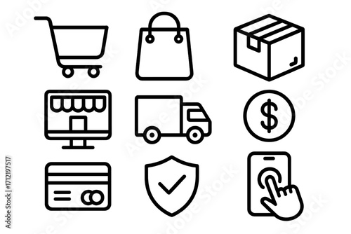 E-commerce icon set. Vector line art symbols for online shopping, fast delivery, secure payment. Outline pictogram collection of cart, package, truck, credit card for web and mobile.