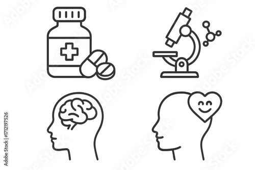 Mental health, wellness and pharmaceutical research icon set. Medicine, psychology concept. Brain, pills, microscope linear icons. Emotional wellbeing, therapy, treatment vector.