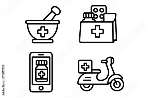 Pharmacy delivery service vector icon set. Online medicine order concept. Medical prescription drugs logistics. Mortar and pestle. Smartphone app. Fast courier scooter shipping.
