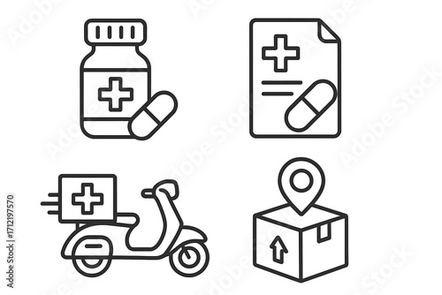 Pharmacy delivery icon set. Online medical prescription service and drug logistics concept. Medicine bottle, pill, courier scooter, and package tracking line art vector icons.