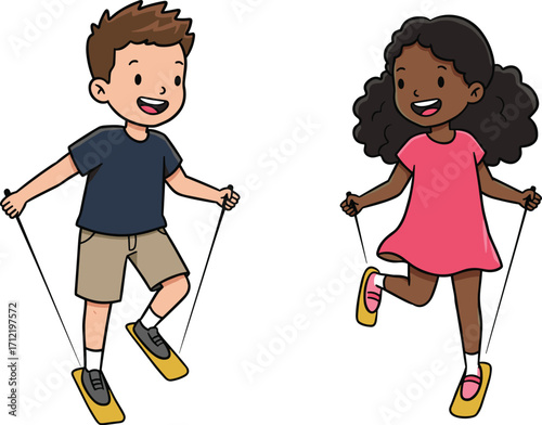Cartoon kids jumping rope, boy and girl playful activity, cheerful exercise scene, flat vector illustration, cad drawing kids jumping rope, boy and girl playful activity, cheerful exercis