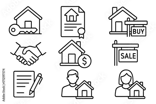Real estate icons set for home buying and selling. Vector line art symbols for property mortgage, contract signing, sale sign, and agent. House ownership and deal concept.