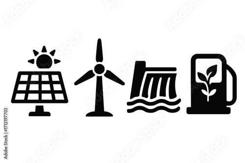 Renewable energy icon set with solar, wind, hydro, and biofuel sources. Green power generation concept symbols. Eco-friendly electricity and alternative fuel vector signs.