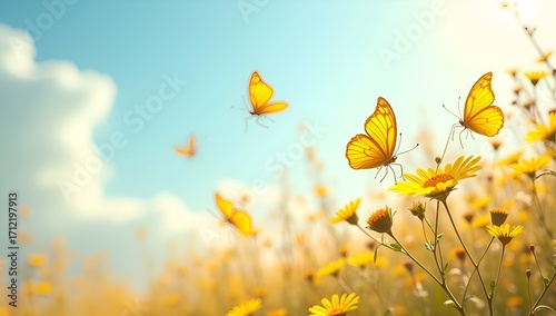 Yellow butterflies flying over bright yellow flowers in a sunny field.