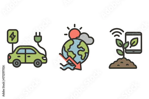 Sustainability and technology icon set. Electric car charging, climate change, smart agriculture. Vector icons for green energy, global warming, agritech, eco innovation.