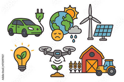 Sustainability and green technology icon set. Concepts of climate change, renewable energy, electric vehicle, solar panel, wind turbine, and smart agriculture with a drone.