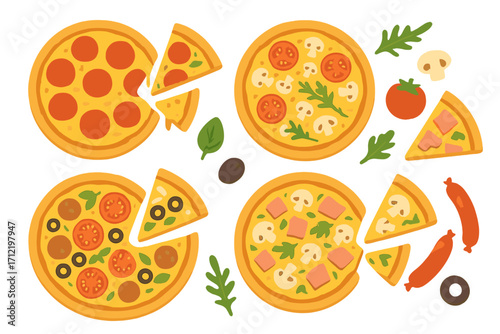 Pizza set vector illustration. Flat cartoon collection of different pizzas with various toppings. Pepperoni, mushroom, ham, meatball pizza slices. Italian food menu design.