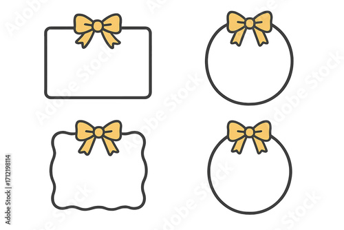 Set of cute frames with yellow bows. Vector border collection for gift tags, labels, or name cards. Simple decorative circle and rectangle shapes for celebration design.