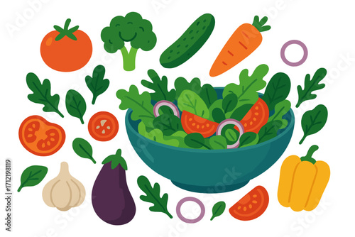 Healthy salad bowl recipe ingredients set. Flat vector cartoon illustration. Fresh organic vegetables for cooking. Vegan and vegetarian food for diet and nutrition concept.