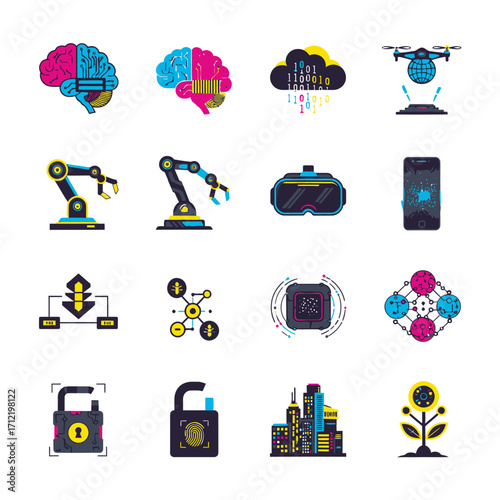 Set of AI, technology, and innovation icons in flat design.