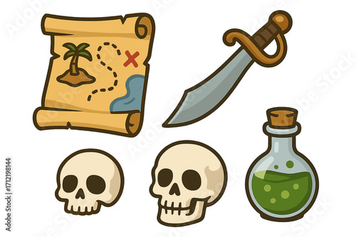 Pirate treasure map adventure icon set. Vector cartoon flat illustration of sword, skull, poison bottle. Concept of ocean journey, fantasy game elements, danger and corsair.