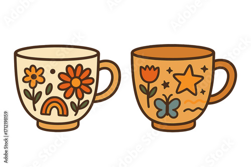 Two retro tea cups with groovy 70s floral and celestial designs. Vector flat illustration of mugs with flowers, rainbow, butterfly, and star. Nostalgic whimsical cartoon.