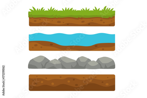 Vector set of ground layers for game design. Cartoon illustration of soil, grass, water, and rock cross-sections. Underground earth texture for platformer level asset.