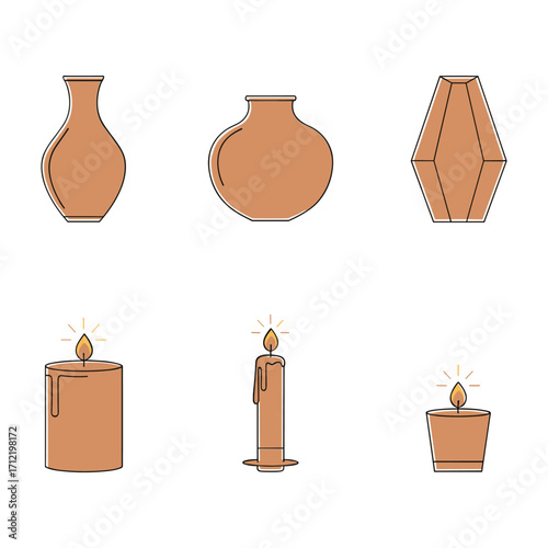 Six terracotta colored objects including vases and lit candles on white background pottery ceramic
