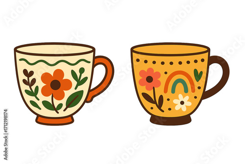 Two retro tea cups with floral rainbow design. Vector flat illustration set in groovy 70s style. Folk art inspired mugs for coffee or tea. Whimsical charming kitchenware.