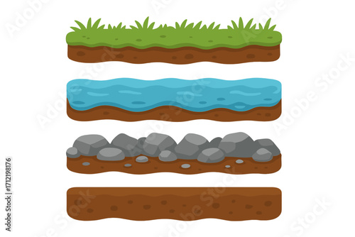 Vector cartoon game assets. Ground, soil, grass, water, and rock layers for platformer games. Flat design landscape elements. Underground soil texture for geology infographic.