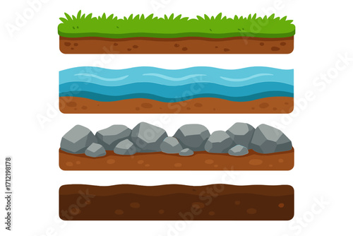 Vector terrain layers for game design. Ground, soil, rock, water, and grass cross-section. Cartoon platformer game asset kit. Flat nature landscape elements for level design.