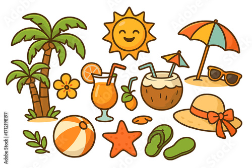 Cute summer beach elements collection. Cartoon vector icons for tropical vacation. Palm tree, sun, cocktails, coconut drink, umbrella, hat, sunglasses, starfish doodle set.