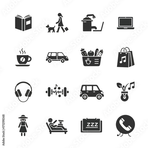 Set of Leisure and Lifestyle Icons Representing Various Activities and Interests.