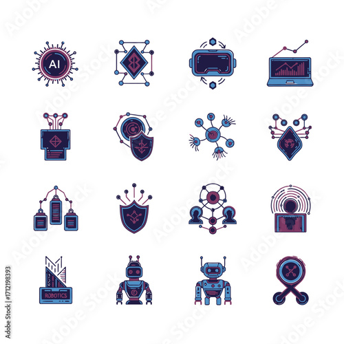 Set of futuristic technology icons with AI, VR, cybersecurity, and robotics.