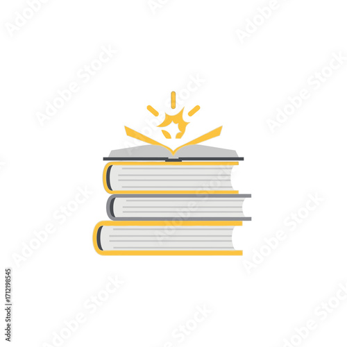Stack of Books with Open Book on Top Emitting Light.