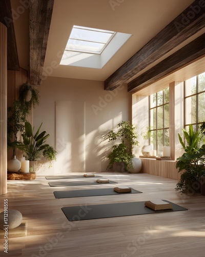 Cozy home yoga space with sunlight and indoor plants