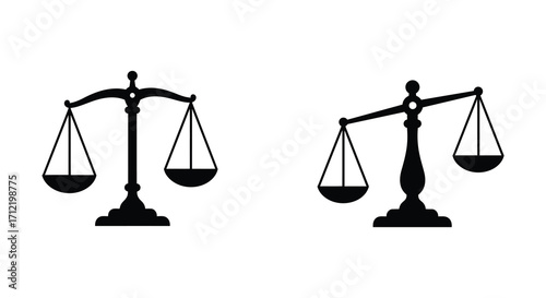 Two black scale illustrations depicting balance and justice concepts clearly
