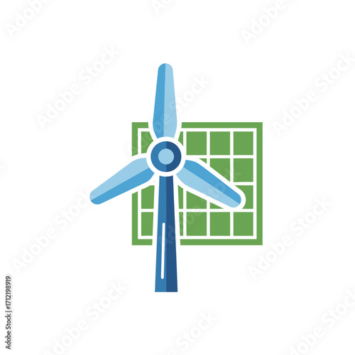 Wind Turbine and Solar Panel Illustration for Renewable Energy Concept.