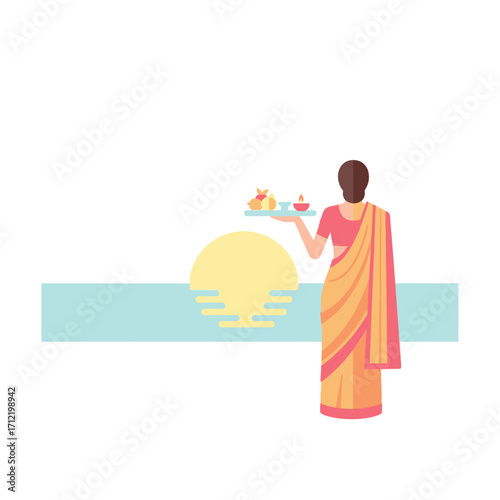 Woman in Saree Offering Food at a Religious Ceremony.