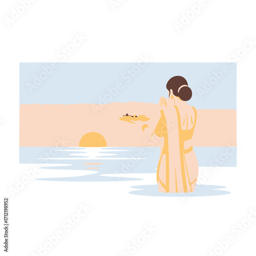 Woman Offering Prayers to the Sun God at Sunrise.