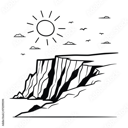 Black and white illustration of a sun shining over a cliff with birds flying and clouds in the sky vector