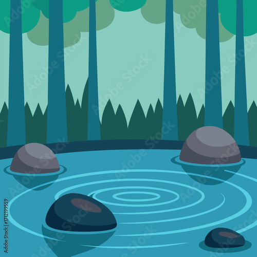 Gentle ripples submerged stones forest vector landscape background.