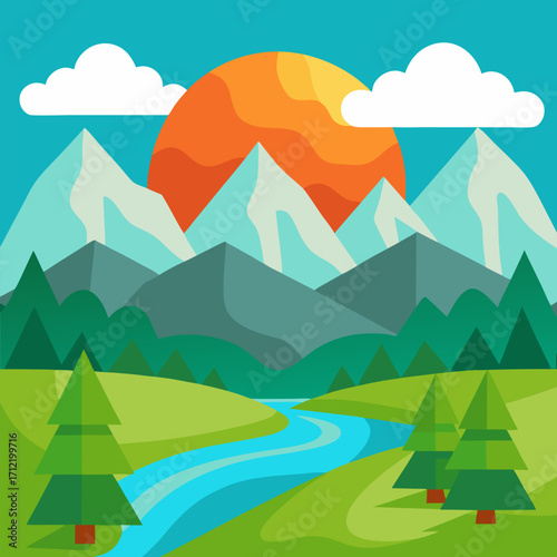 Beautiful natural forest river mountain vector landscape background.