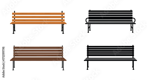Four park benches in different styles and colors are displayed