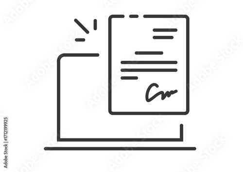 Digital agreement smart contract icon line stroke outline art vector graphic illustration, computer laptop pc with signature virtual electronic internet treaty policy document sign symbol thin linear