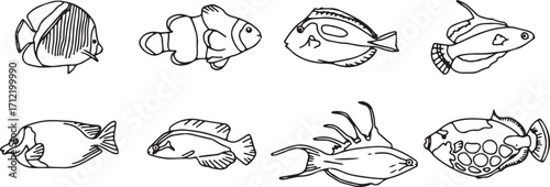 Fish and Seafood Doodles Pack – Marine, Ocean, Animal, Sea, Hand-drawn, Food, Fish, Cartoon, Minimal, Vector, Outline, Seafood, Drawing, Black, White, Fresh, Sketch, Doodle, Cute

