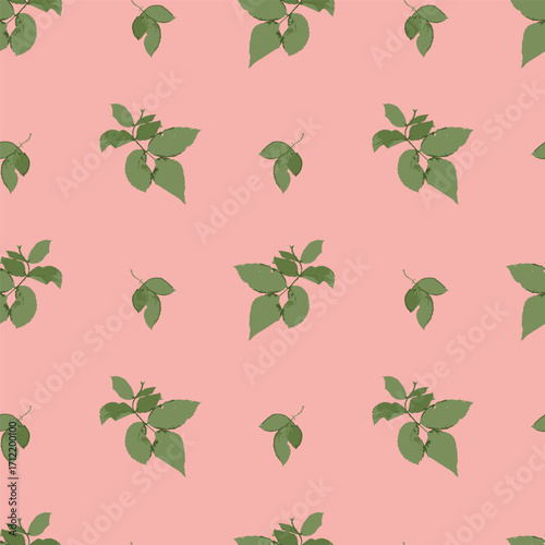 Seamless pattern with dry herbarium leaves on pink background. Cottagecore foliage wallpaper. Boho botanical texture